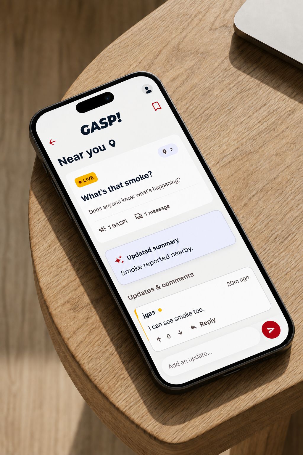 The GASP! feed on a phone: a neighborhood report with updates from neighbors